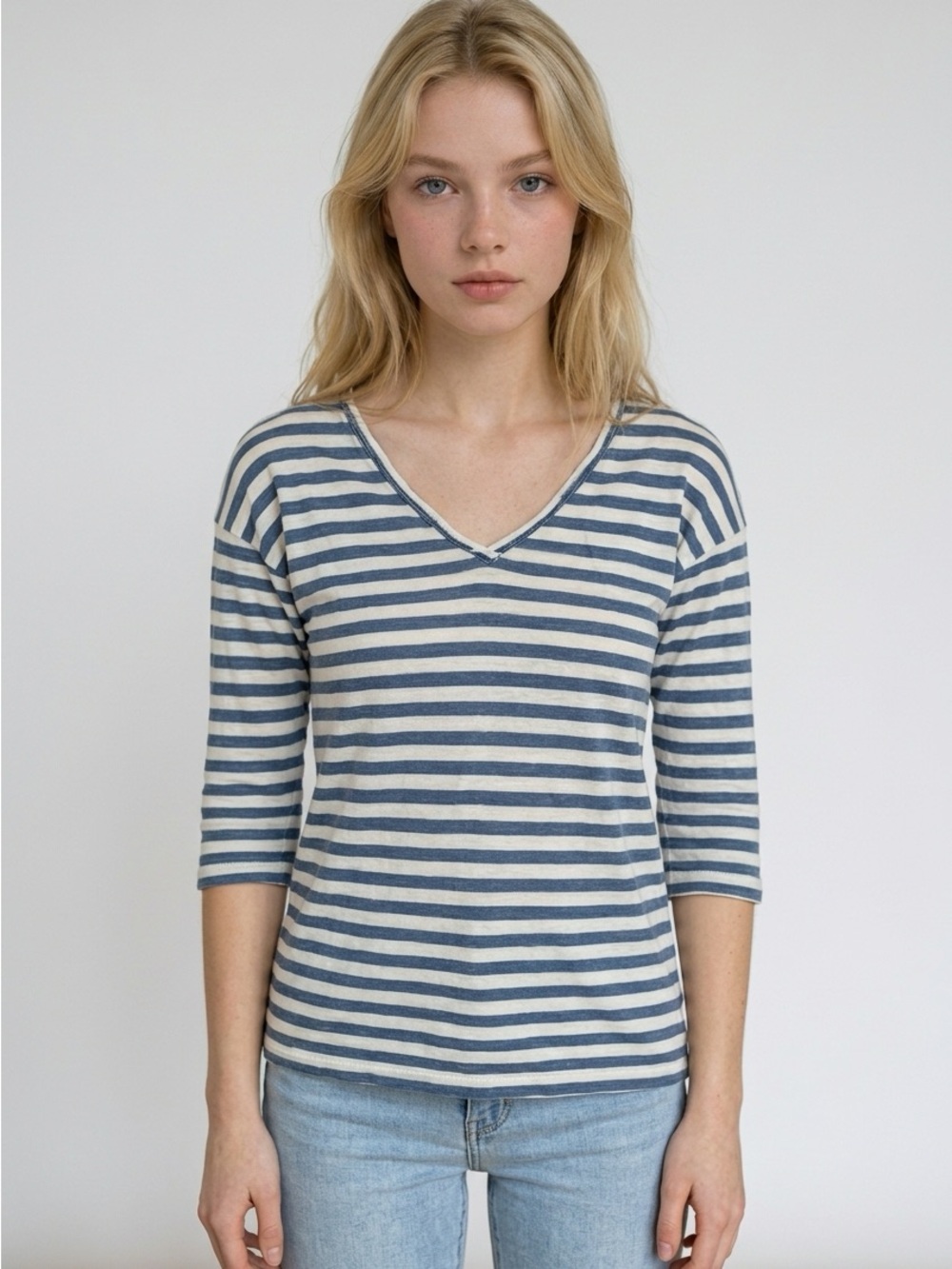 ✨ Gap‎ Tall Navy & White Striped V-Neck Top Button Shoulder Detail